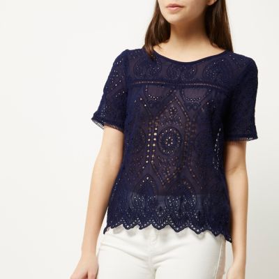 Navy embroidered top